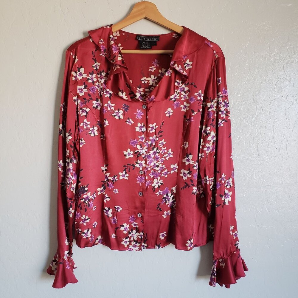 Tess Studio Vintage Silk Floral Ruffled Satin Blouse Red Women's 12 Romantic Y2K